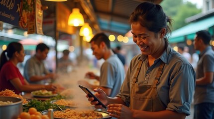 Vendedora ambulante de comida del sudeste asi&aacute;tico usando una aplicaci&oacute;n de pago digital, mercado bullicioso de fondo, iluminaci&oacute;n c&aacute;lida, aut&eacute;ntico momento de emprendimiento local