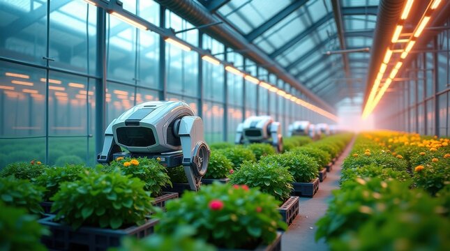 Invernadero inteligente con robots de riego automatizados y sensores de temperatura; plantas que resplandecen bajo luces LED controladas: un concepto agr&iacute;cola futurista