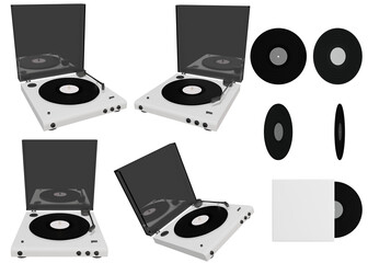 Modern white turntable playing a black vinyl record on transparent background. Angled view, front view, and floating view. 3d render