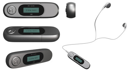 Old digital MP3 player with USB flash drive design and white wired earphones. 3d render