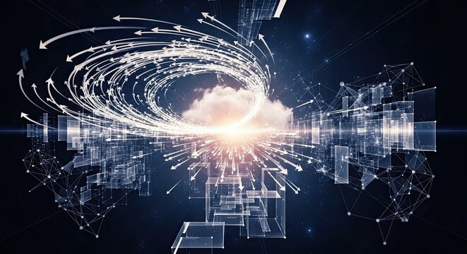 Dynamic network of arrows converge toward a central cloud, illustrating connectivity, data flow, and innovative tech solutions for modern businesses