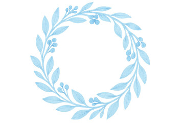 Blue watercolor floral wreath frame with leaves and berries on transparent background, elegant natural design element