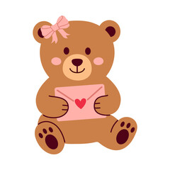 Teddy bear holding pink heart envelope, cute gift illustration for love, friendship and cheerful emotions