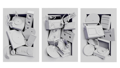 Three white box overflowing with 3d  icons representing music icons with objects like headphones, vinyl, gramophone, and cassette tape on transparent background 