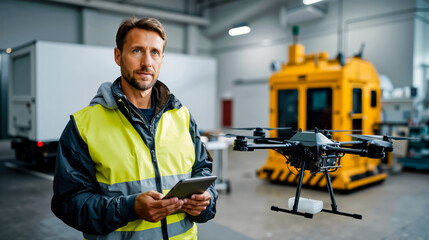A man in a yellow safety vest is holding a tablet and looking at a drone