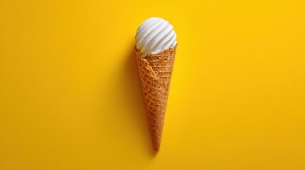 Delicious Vanilla Ice Cream in a Waffle Cone on a Bright Yellow Background