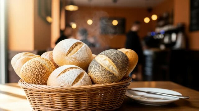 Freshly baked bread rolls in wicker basket sunlight interior