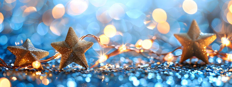 Christmas background with golden glitter stars and glowing fairy lights. Festive holiday decoration on a blue bokeh background for a New Year's celebration banner