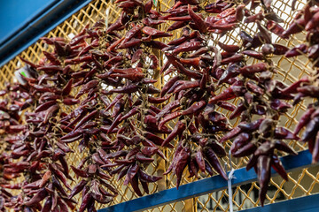 Hungary. Budapest. Chili peppers hanging in a shop at the market.
