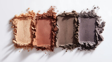Top-down view of hyper-realistic eyeshadow swatches in warm tones on white background