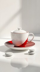 Fototapeta premium Contemporary porcelain tea set with sleek curves, minimalist design, reflective surface, and soft shadows, concept of modern dining and home decor.