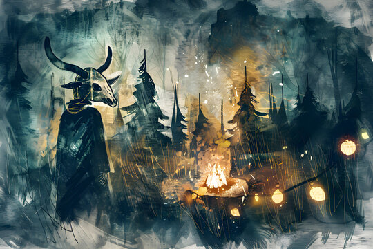 Mysterious shaman with an animal skull mask in a dark winter forest. Fantasy illustration of a pagan ritual by a campfire at night. Dark folklore and mythology concept