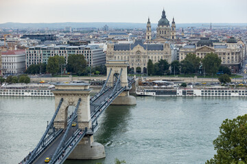 Hungary. Budapest. View of the city from above. Szechenyi Chain Bridge and St. Stephen's Basilica (Istvan).