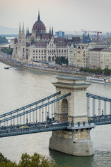 Hungary. Budapest. View of the city from above. Szechenyi Chain Bridge and Parliament.
