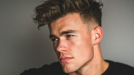 Obraz premium Professional studio portrait of a young man with short hair and black t-shirt, soft lighting and neutral background