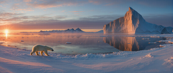 A polar bear walks on ice near an iceberg against the backdrop of an Arctic sunset, reflected in calm water.