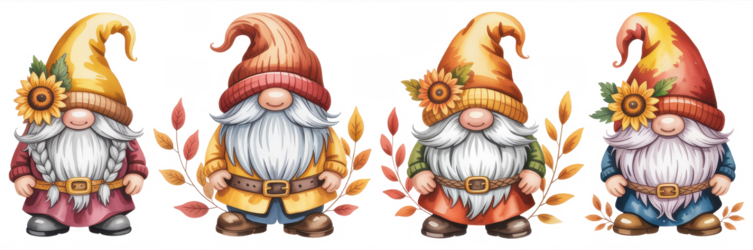 Watercolor illustration of four autumn gnomes each with a unique hat and beard perfect for seasonal designs and decorations