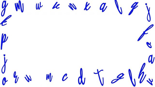 Hand-drawn alphabet letters frame. Seamless looping animation of blue script characters. Doodle style border for text or video overlays