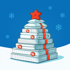 Christmas themed display of mattresses stacked in a pyramid shape with a red star pillow on top, promoting holiday sales and discounts during the festive season
