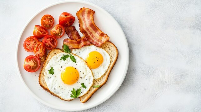 Savor a hearty english breakfast featuring sunny-side up eggs on toast, crispy bacon, and ripe cherry tomatoes, perfect for a morning meal