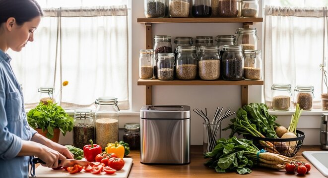 Home chef preparing fresh organic vegetables in a bright, inviting kitchen with natural light, perfect for healthy eating and sustainable lifestyle content, showing vibrant colors