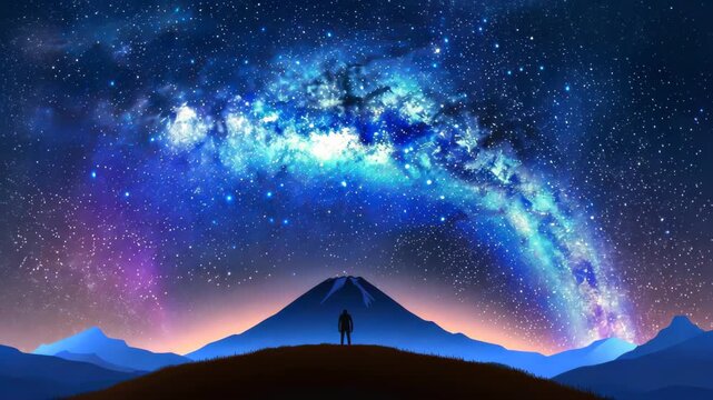 Vast Celestial Embrace: A lone figure gazes upon a breathtaking display of the Milky Way, standing beneath a mountain against a canvas of infinite stars, captured a sense of awe and wonder. 