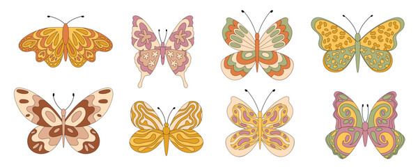 Groovy retro butterfly set in flat doodle style. Funky and colorful pattern as abstract groovy element with flower and yellow shape for nature theme. Vintage y2k, playful, trendy collection.