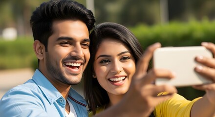 Happy young Indian couple taking a selfie outdoors, smiling brightly.