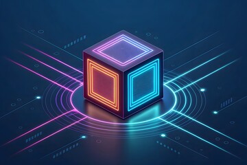 Glowing neon cube with digital circuitry and network connections