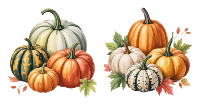 Watercolor pumpkins arrangement autumn harvest decoration with colorful leaves seasonal design element for fall and Thanksgiving