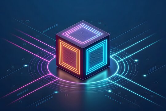 Glowing neon cube with digital circuitry and network connections