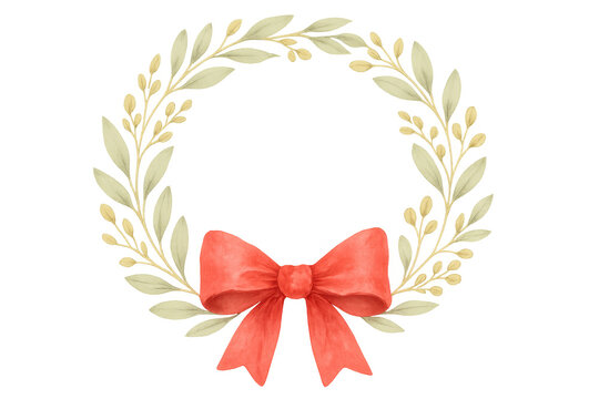Watercolor botanical wreath with red bow, rustic foliage, creating a charming festive frame - Powered by Adobe