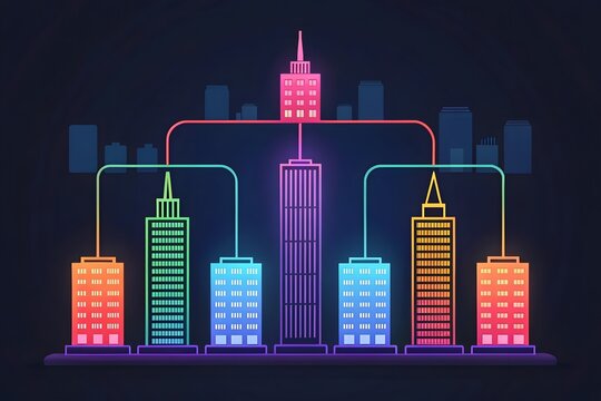 Futuristic cityscape with glowing neon skyscrapers connected by light beams