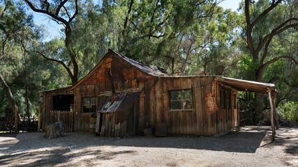 Derelict wooden shed and workshop surrounded by trees