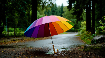 Obraz premium A colorful umbrella stands alone in a rain-soaked forest