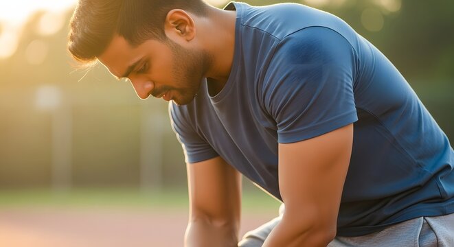 Young man looking exhausted after a workout on a sunny outdoor track. - Powered by Adobe