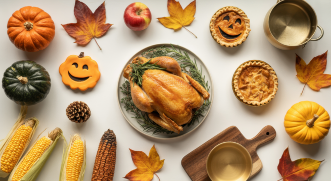 Overhead shot of a Thanksgiving feast featuring turkey pumpkin pie corn and autumn leaves perfect for holiday celebrations and seasonal themes - Powered by Adobe
