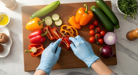 Person wearing blue gloves slicing fresh red bell peppers on a wooden cutting board surrounded by various colorful vegetables in a kitchen.