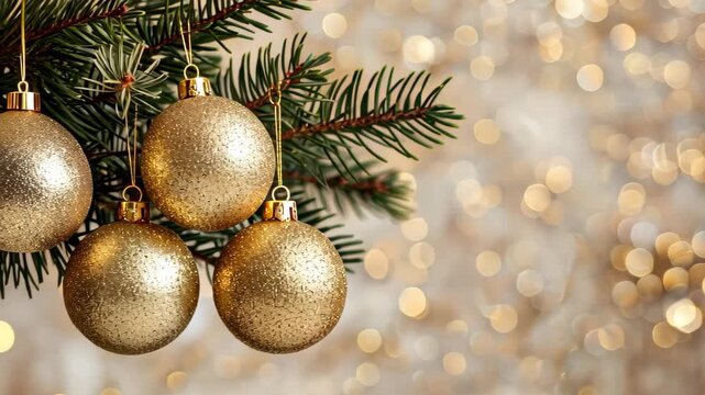 Golden Ornaments' Festive Cheer: A captivating tableau of festive holiday adornments, featuring lustrous gold ornaments hanging from a vibrant evergreen branch.
