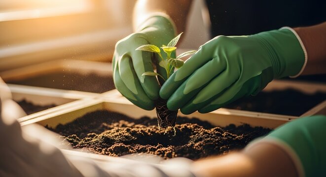 Close-up of hands in green gloves planting a small green seedling into rich brown soil in a wooden planter box, bathed in warm sunlight. - Powered by Adobe