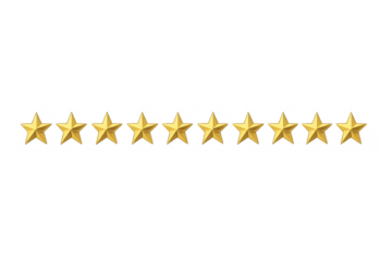 Gold stars line representing perfect 10 customer rating, excellent service, product quality, premium feedback