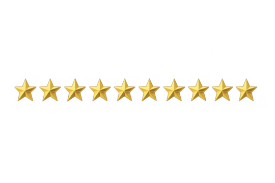 Gold stars line representing perfect 10 customer rating, excellent service, product quality, premium feedback