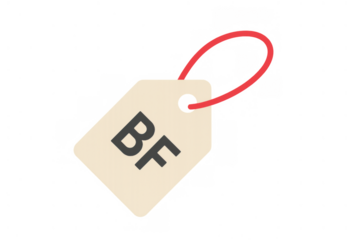 Beige price tag with bf symbol and red string for black friday sale, discount, and promotion on transparent background