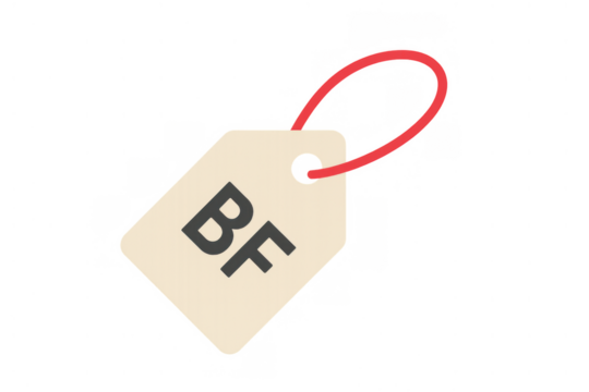 Beige price tag with bf symbol and red string for black friday sale, discount, and promotion on transparent background - Powered by Adobe