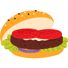 Stylized Illustration of a Classic Hamburger With Lettuce Tomato Onion And Sesame Seed Bun On A Transparent Background