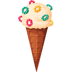 Stylized Ice Cream Cone With Vanilla Scoop And Colorful Cereal Toppings On A Transparent Background
