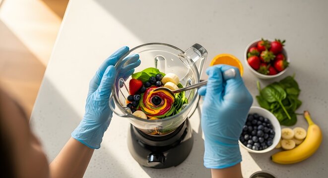 Person in blue gloves preparing a healthy fruit and vegetable smoothie in a blender on a kitchen counter with fresh ingredients.