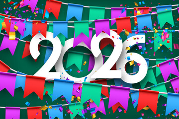 Bright and festive 2026 celebration with colorful bunting flags and confetti. Vector illustration perfect for New Year designs.