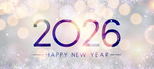 Elegant 2026 text with gradient fill, snowflakes, and glowing bokeh lights on a light pastel background. Vector illustration.