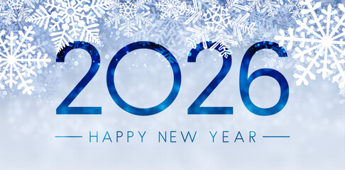 Large blue 2026 text with detailed white snowflakes on a light frosty background. Vector illustration in a festive winter style.
